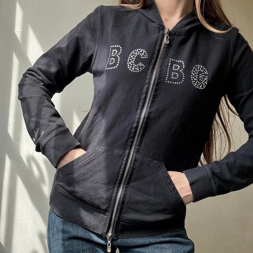 Y2K BCBG Maxazria Black Rhinestone Logo Zip Hoodie Small Girly Diva